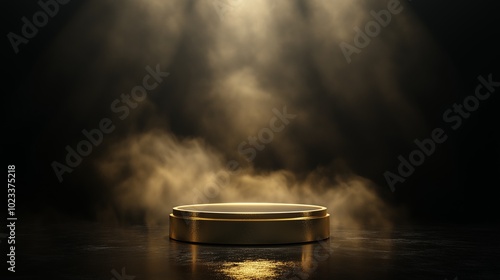 Gold podium pedestal on black background with smoke illuminated by spotlight. Mockup for product presentation