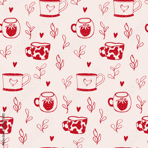 Hand-Drawn Vintage Mugs Seamless Pattern Illustration - Red on Beige. Rustic and vintage style. Playful and romantic for Valentine's Day designs, invitations, stationery, wrap, fabric, home decor