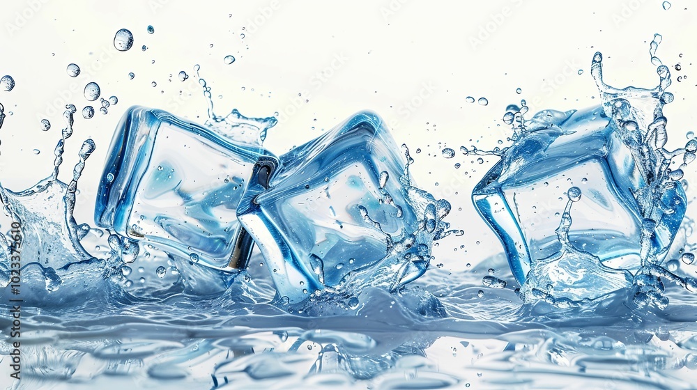 Ice Cubes Splashing in Water with Splashes and Droplets Ice Cubes Splashing in Water with Splashes and Droplets