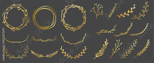 Golden flourish frames and branches, doodle hand drawn floral elements. Gold leaves and flowers. Floral decorative collection for decoration of text, cards, invitation. Foil textured design element