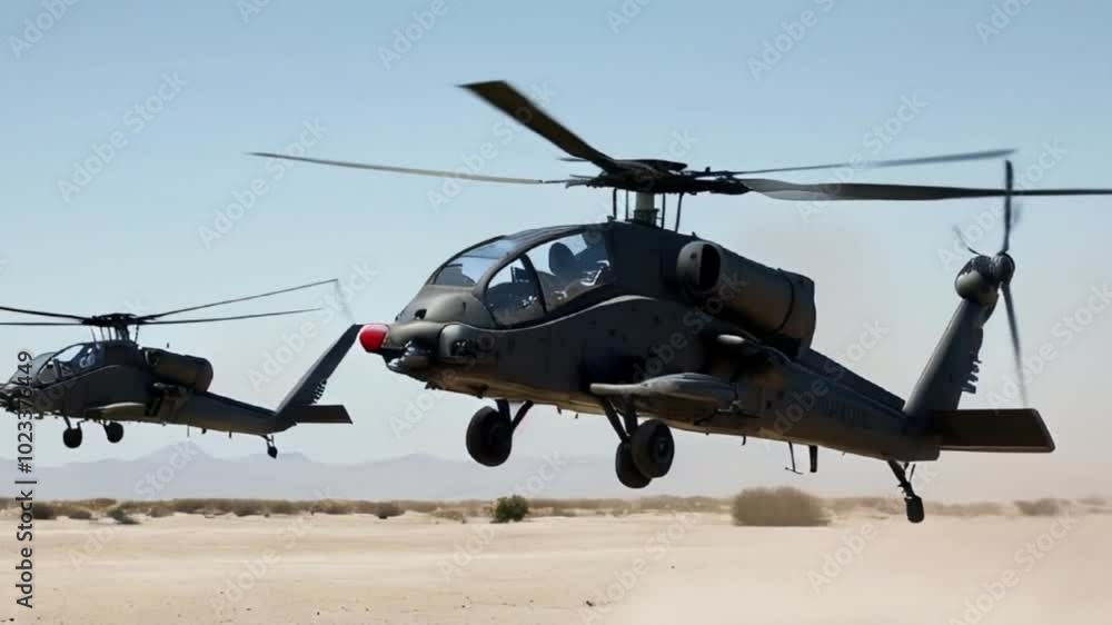 Two military attack helicopters flying low over a desert landscape, showcasing agility and power against a clear blue sky created with generative ai Two military attack helicopters flying low over a desert landscape, showcasing agility and power against a clear blue sky created with generative ai