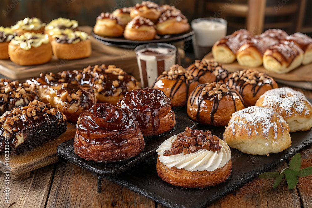 delicious various sticky bun on wooden plate delicious various sticky bun on wooden plate