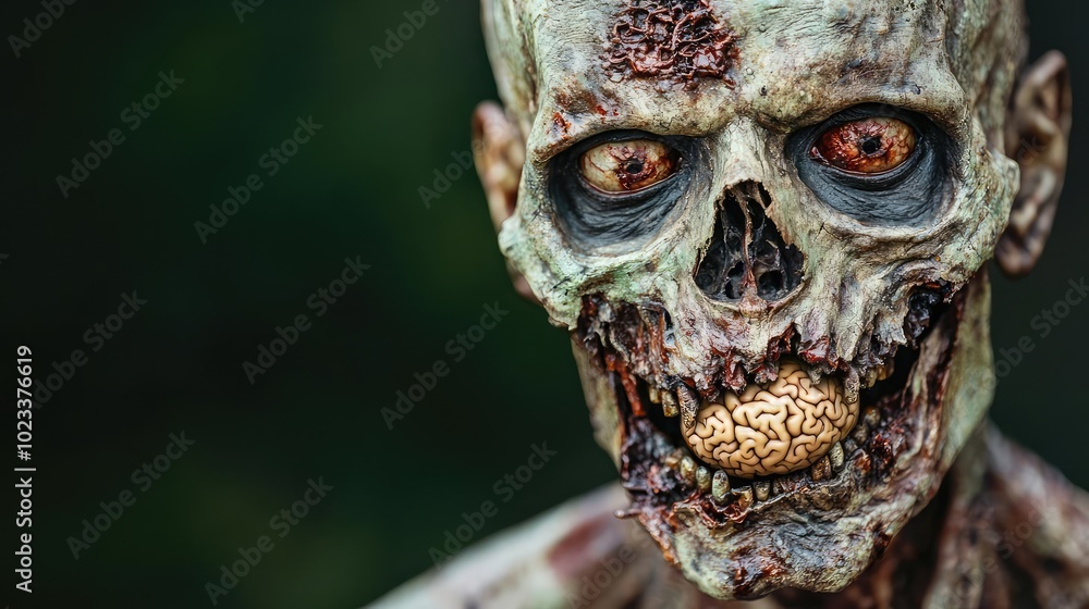 A chilling, detailed depiction of a zombie with exposed brain, showcasing horror and grotesque realism in eerie lighting. A chilling, detailed depiction of a zombie with exposed brain, showcasing horror and grotesque realism in eerie lighting.
