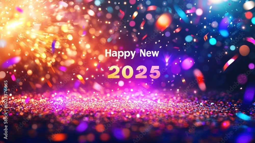 Happy New Year 2025 in vibrant neon colors, enhanced by twinkling lights and colorful confetti. Happy New Year 2025 in vibrant neon colors, enhanced by twinkling lights and colorful confetti.