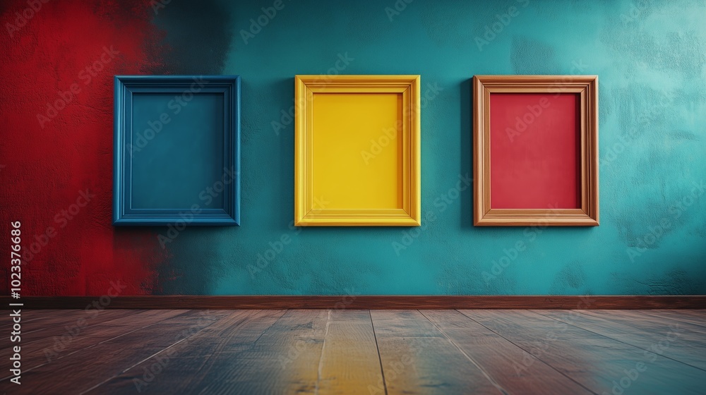 Red, yellow, and blue picture frames on an emerald wall. A brown wooden floor Red, yellow, and blue picture frames on an emerald wall. A brown wooden floor