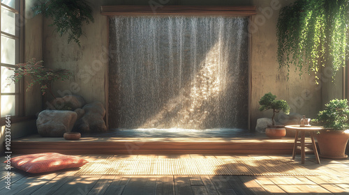 Tranquil Indoor Waterfall & Zen Space with Natural Light & Cozy Cushions photo