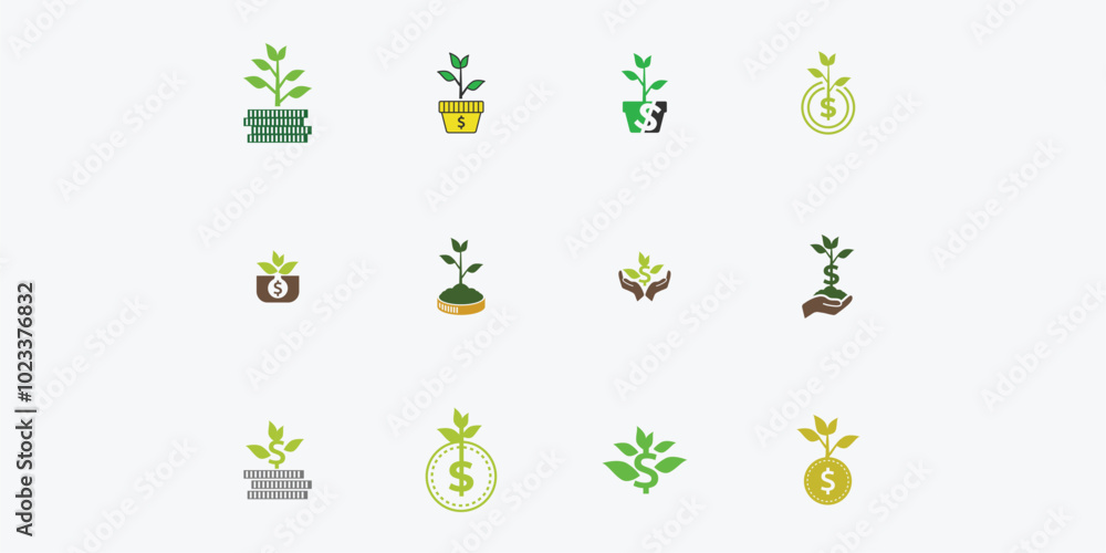 Set of Dollar sprout, Funding logo, Growing money symbol vector illustration Set of Dollar sprout, Funding logo, Growing money symbol vector illustration