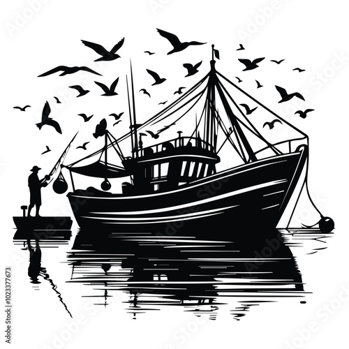 A fishing boat illustrated in a vector style, accompanied by seagulls, depicting a tranquil coastal atmosphere