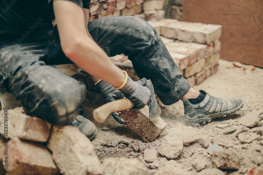 A young man cleans bricks with an axe. A young man cleans bricks with an axe.