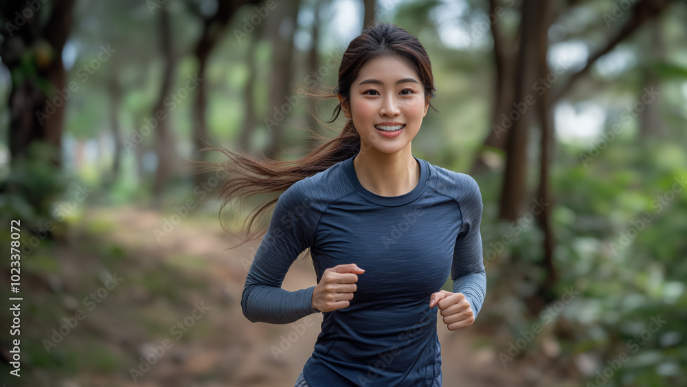 Asian woman running outdoor with beautiful landscape Asian woman running outdoor with beautiful landscape