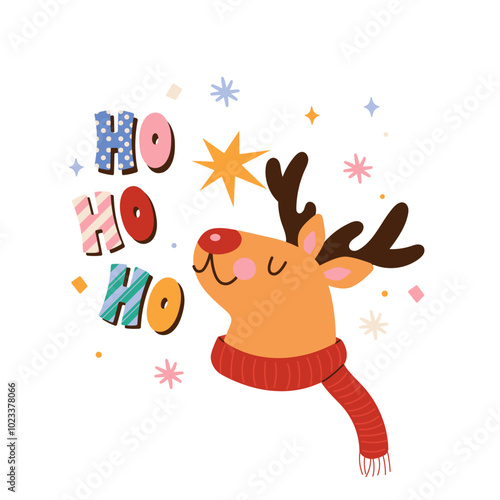 Christmas lettering with reindeer in a warm red scarf and snowflakes. Festive decorative element. Flat vector illustration isolated on white background. Let it snow typography.