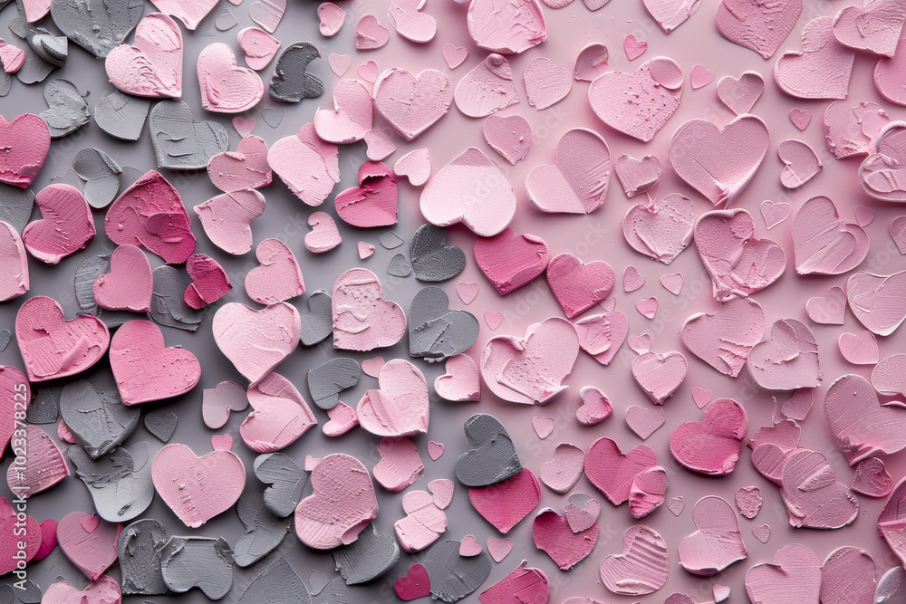 Fototapeta premium Valentine's Day concept. Hearts are creating lovely atmosphere. Wallpaper for joy and celebration. Cute romantic print on background of gray and pink hearts. festive backdrop for wedding design.
