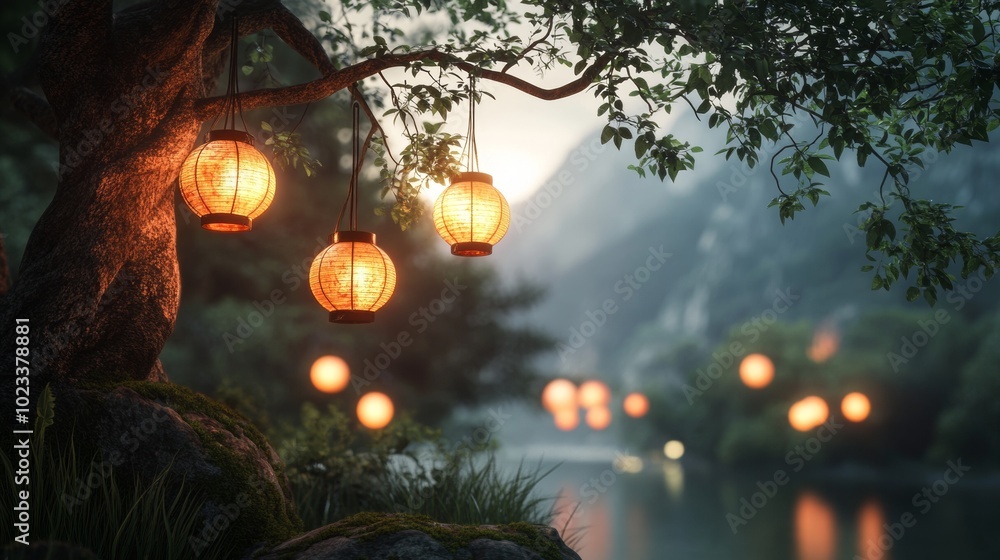 A tree with three lanterns hanging from it A tree with three lanterns hanging from it