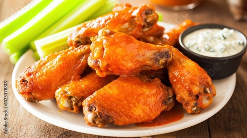 A close-up shot of a plate piled high with crispy buffalo chicken wings, glistening with a spicy, tangy sauce. The wings are surrounded by fresh celery sticks and a small bowl of blue cheese dressing photo