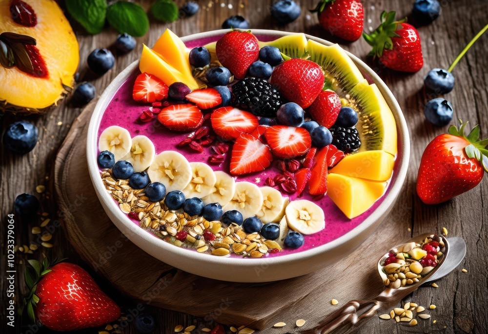 vibrant smoothie bowl adorned array fresh fruits crunchy seeds colorful healthy breakfast, acai, banana, berry, kiwi, strawberry, blueberry, raspberry, mango vibrant smoothie bowl adorned array fresh fruits crunchy seeds colorful healthy breakfast, acai, banana, berry, kiwi, strawberry, blueberry, raspberry, mango
