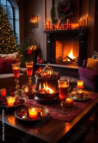 cozy scene glowing fireplace array festive holiday drinks generating warm inviting atmosphere, warmth, cocoa, tea, ambiance, hearth, relax, comfort, steam