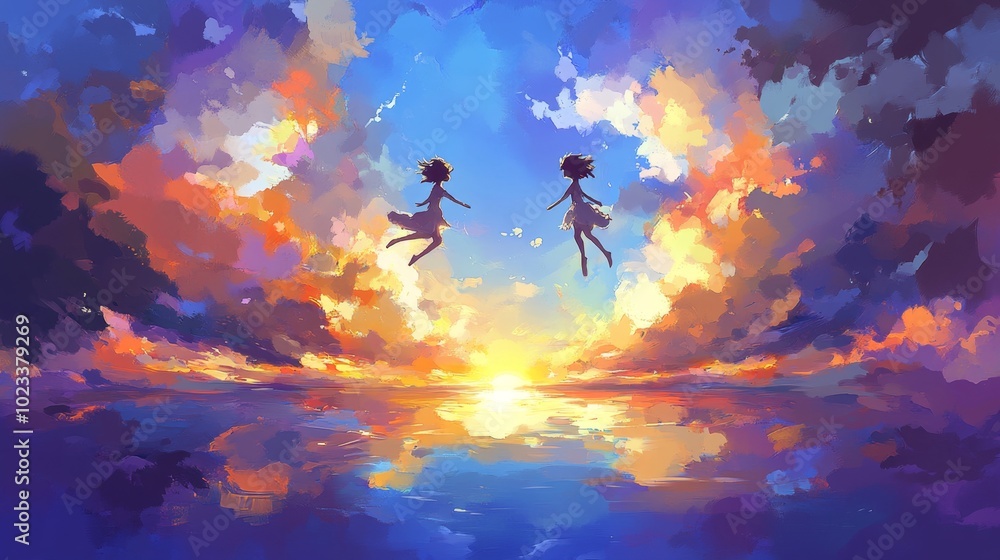 Obraz premium Joyful Silhouettes of Two People in a Colorful Sunset