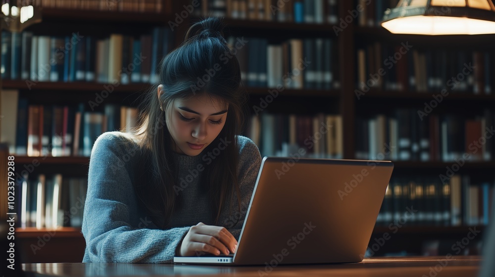 A young woman studies diligently in a quiet library, focused on her laptop during late afternoon A young woman studies diligently in a quiet library, focused on her laptop during late afternoon
