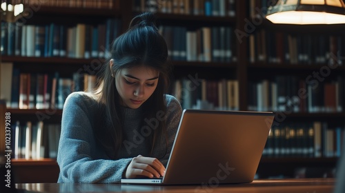 A young woman studies diligently in a quiet library, focused on her laptop during late afternoon