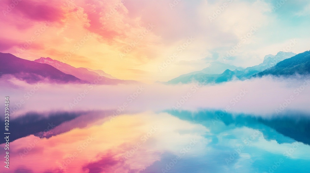 A colorful sky with mountains in the background and a foggy mist A colorful sky with mountains in the background and a foggy mist