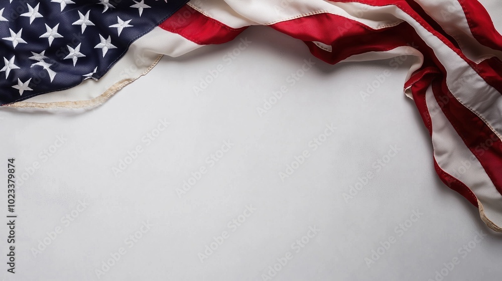 A detailed top view of the American flag placed on a clean white background with ample copy space, symbolizing the United States of America and its national pride. Perfect for celebrating U.S. holiday A detailed top view of the American flag placed on a clean white background with ample copy space, symbolizing the United States of America and its national pride. Perfect for celebrating U.S. holiday