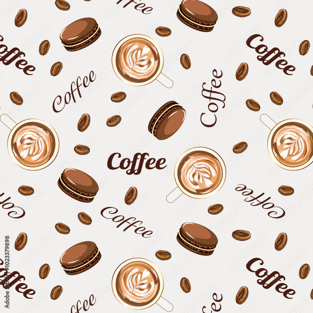 Obraz premium Pattern with coffee and cups.Vector pattern with cups, coffee beans, macarons and text.