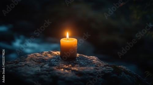 A candle is lit on a rock in the dark