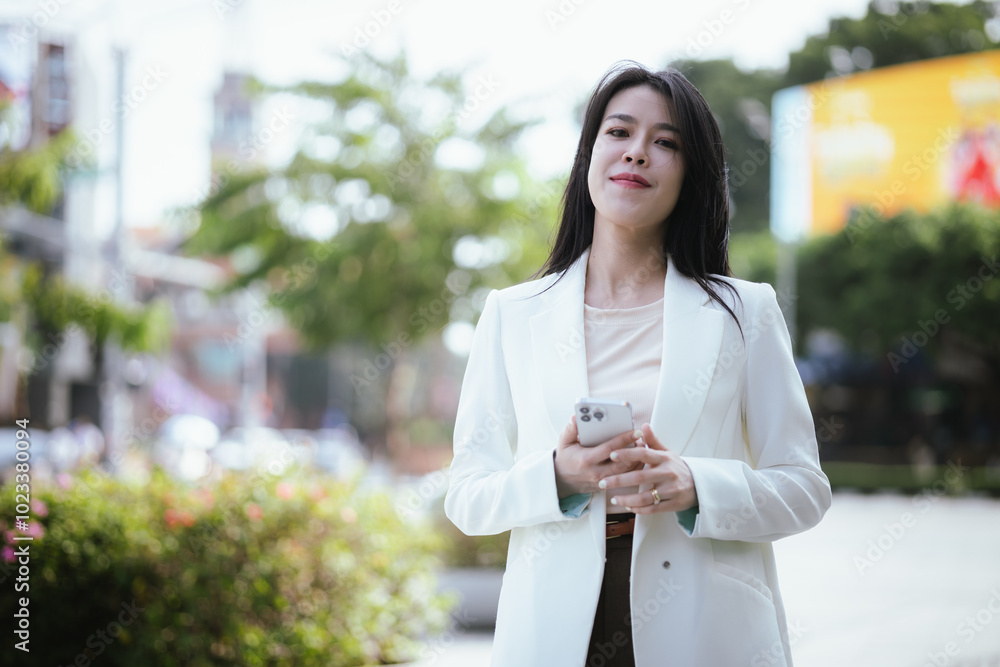 Confident Asian businesswoman in urban suit smiles as she types on her smartphone, balancing a career in digital finance, online e-commerce, and global business opportunities. Confident Asian businesswoman in urban suit smiles as she types on her smartphone, balancing a career in digital finance, online e-commerce, and global business opportunities.