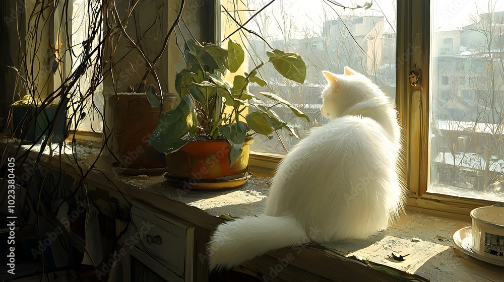 A peaceful and serene photograph of a cat sitting on a windowsill peacefully gazing outside at the soft warm morning light with a blurred and minimalist background A peaceful and serene photograph of a cat sitting on a windowsill peacefully gazing outside at the soft warm morning light with a blurred and minimalist background