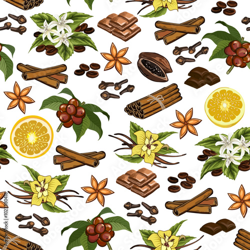 Pattern with coffee and spices.Coffee, spices, chocolate and lemon slices in a seamless vector pattern on a transparent background.