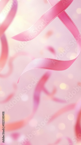 Delicate pink ribbons swirl gently in the air, set against a soft, blurred pastel backdrop
