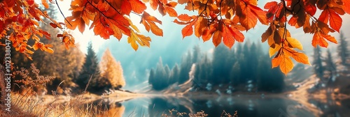 Orange branches over serene lake with mountain view, emphasizing the tranquility and beauty of the autumn season. photo