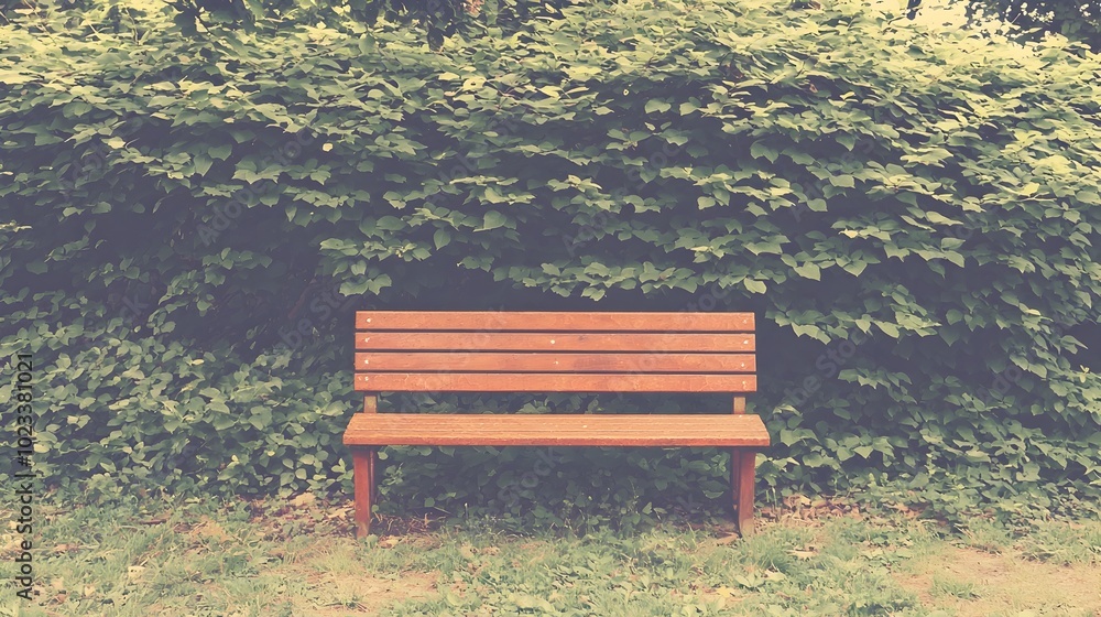 Obraz premium A peaceful and tranquil garden scene featuring a wooden bench nestled amidst a lush verdant landscape with flourishing foliage and a soft calming sky overhead This idyllic