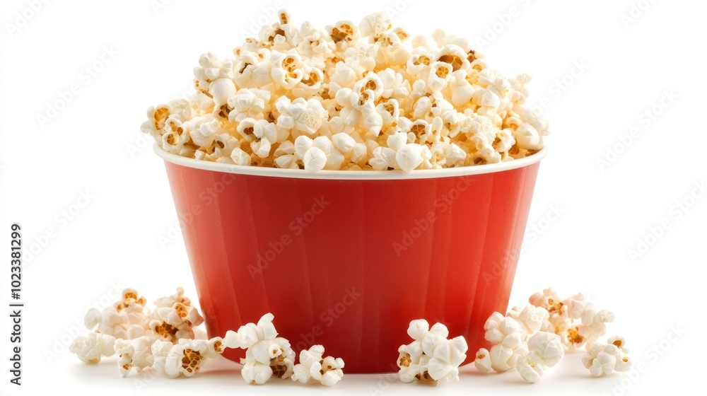 Red bowl overflowing with freshly popped white popcorn against a white background, some kernels spilled around the base of the bowl. Red bowl overflowing with freshly popped white popcorn against a white background, some kernels spilled around the base of the bowl.