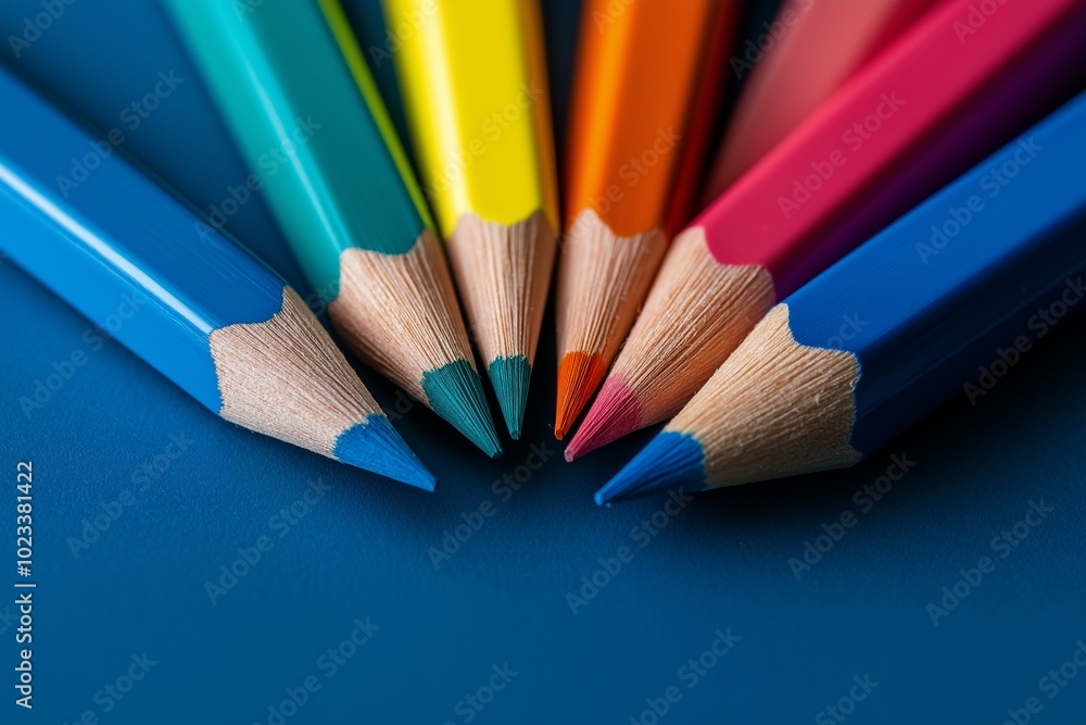 A set of brightly colored pencils in vivid hues neatly arranged in a radial pattern on a deep blue table. A set of brightly colored pencils in vivid hues neatly arranged in a radial pattern on a deep blue table.