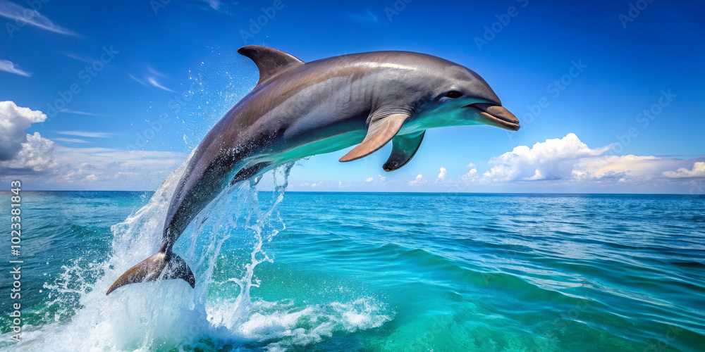 Fototapeta premium grey dolphin leaps gracefully through clear blue water, showcasing its playful nature against stunning backdrop of sky and sea. scene captures beauty and joy of marine life
