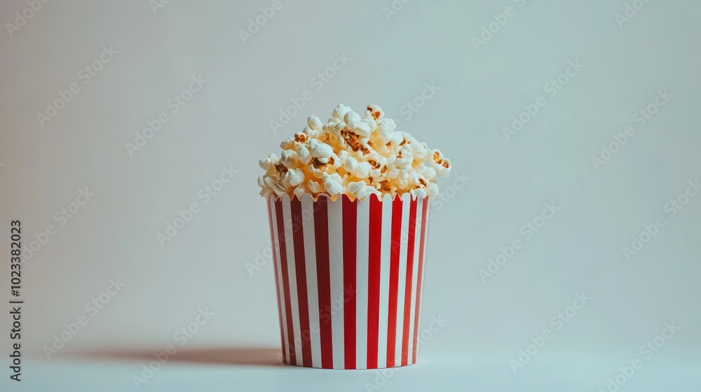 A striped red and white paper container overflowing with freshly popped yellow popcorn against a neutral light-colored background. A classic snack presentation. A striped red and white paper container overflowing with freshly popped yellow popcorn against a neutral light-colored background. A classic snack presentation.