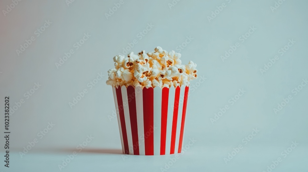 A classic red and white striped popcorn container filled with fluffy popped corn against a plain, light-colored background. Perfect for a movie night snack. A classic red and white striped popcorn container filled with fluffy popped corn against a plain, light-colored background. Perfect for a movie night snack.