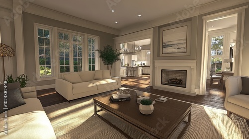 Cozy and Inviting Living Room with Fireplace and Large Windows