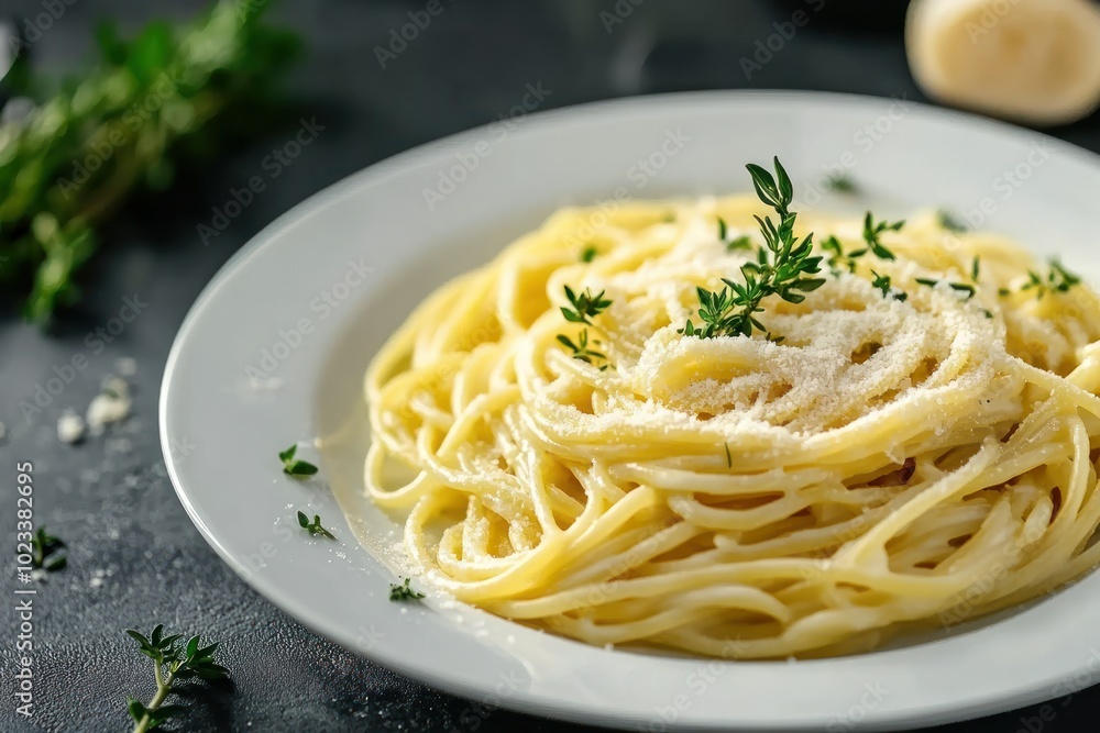 Creamy Spaghetti on a White Plate with Garnish Creamy Spaghetti on a White Plate with Garnish