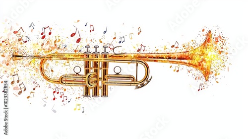 A golden trumpet adorned with dancing music notes, exuding an air of flair and excitement in a delightful abstract portrayal of musical artistry and vigor.