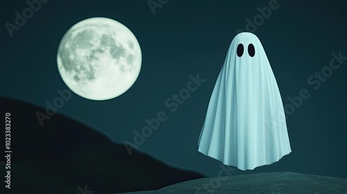 A whimsical ghost figure floating under a bright full moon, set against a dark, eerie landscape, perfect for Halloween themes.