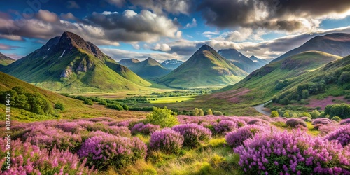 Green mountains of Ballachulish Glencoe Scotland with heather flowers in foreground photo