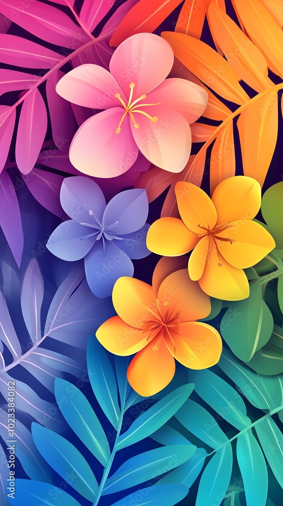 Obraz premium Background with tropical elements, featuring colorful palm leaves and flowers in a gradient of bright colors like orange, pink, blue, green, yellow, purple, or red