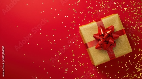 Wallpaper Mural An elegant gold gift box with a red bow on a beautiful red background Torontodigital.ca