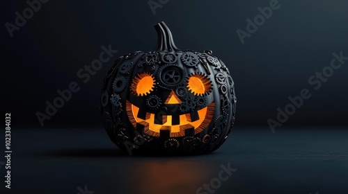 A unique black pumpkin with mechanical gears and glowing orange eyes, perfect for Halloween decor and gothic themes. photo