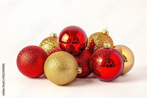 Cluster of red and gold Christmas balls on white