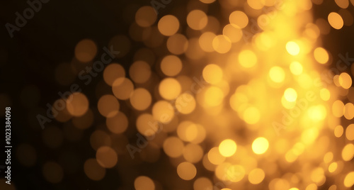 Golden Christmas background with abstract bokeh effect. Blurred glittering lights and sparkles create a luxurious atmosphere. Magical festive background with space for text, perfect for greeting cards