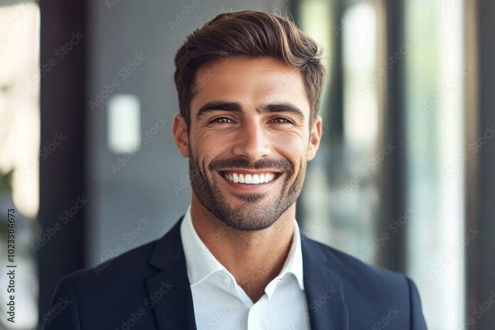 A businessman headshot with a bright, confident smile, dressed in a crisp white shirt and blazer, 
