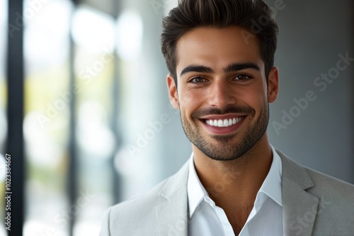 A businessman headshot with a bright, confident smile, dressed in a crisp white shirt and blazer, 